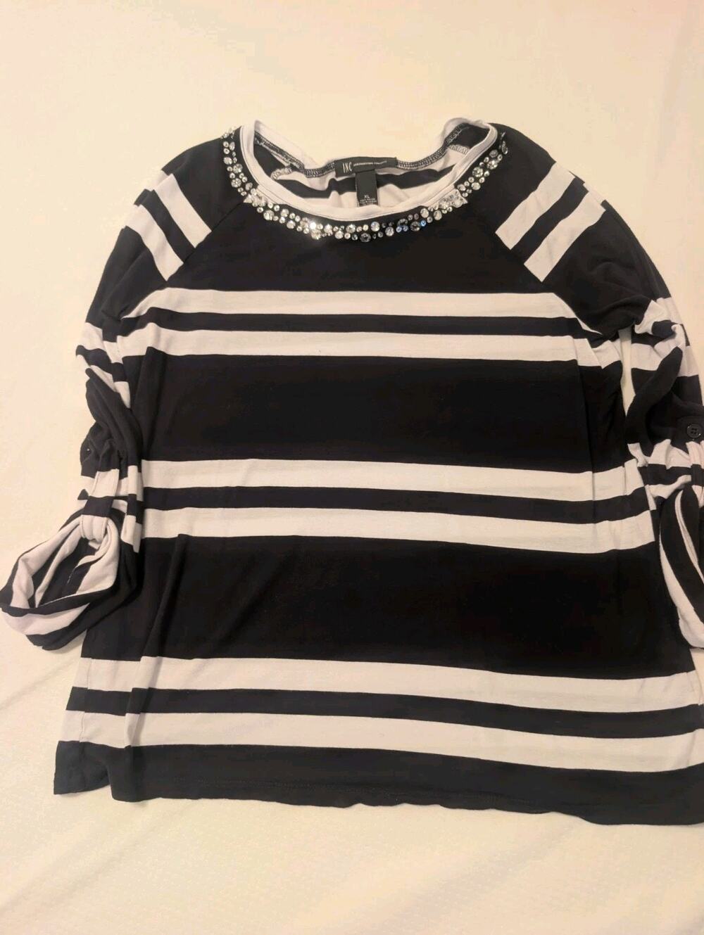 INC Women’s Black & White Top Embellished Center Front XL, Elegant Bling